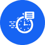 Icon of a clock with speed lines, indicating fast or real-time communication, inside a blue circle. A speech bubble with lines representing text is above the clock—perfect for swift roadside assistance or selling junk cars for cash.