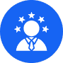 Icon of a person in a suit and tie with five stars encircling their head on a blue circular background, symbolizing leadership or achievement. Perfect for businesses offering roadside assistance, where professionalism meets excellence on every journey.