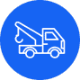 Icon of a tow truck in white, outlined on a blue circular background, symbolizing reliable roadside assistance.