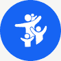 A blue circle with a white silhouette depicting a parent holding a child, and another adult with arms raised, symbolizing community support and unity akin to the way families rally when you sell your junk car for cash.