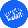 A blue circle with white line art of a stack of dollar bills, symbolizing the opportunity to sell your junk car and turn it into cash effortlessly.